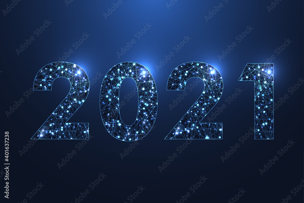 Leinwandbilder Modern futuristic technology template for Merry Christmas and Happy New Year 2021 with connected lines and dots. Plexus geometric effect. Global network connection illustration.
