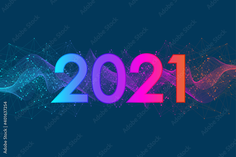 Poster Modern futuristic technology template for Merry Christmas and Happy New Year 2021 with connected lines and dots. Plexus geometric effect. Global network connection illustration.