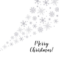 Christmas snowflakes frame or border. Winter silver snow background, minimal decoration on white, greeting card. New Year Holidays backdrop. Flake Vector illustration
