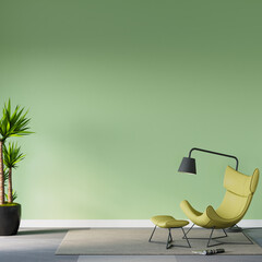 room with yellow armchair in front of the green empty wall, 3d render