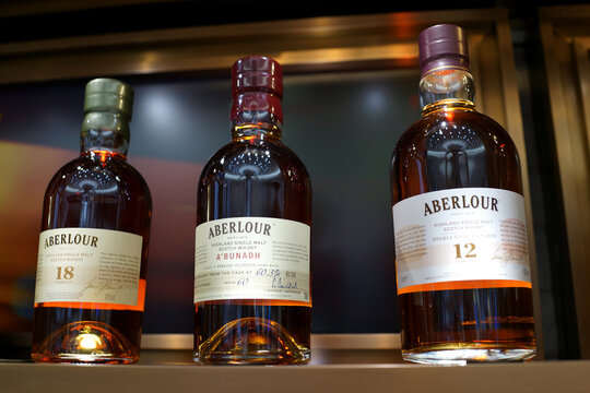 Aberlour Scotch whisky on store shelf of Changi Airport.  Aberlour is a distillery of Speyside single malt Scotch whisky, in Aberlour, Scotland. SINGAPORE - APR 22, 2018.