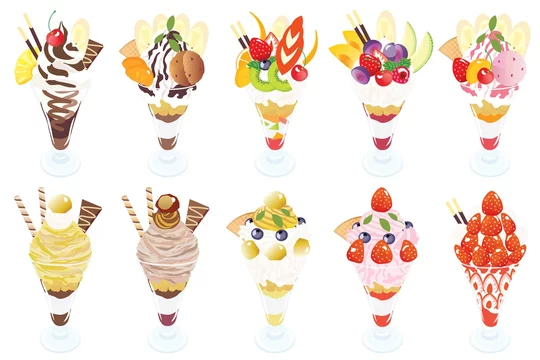 チョコレートやイチゴやフルーツのパフェのセットイラスト Stock Vector Adobe Stock