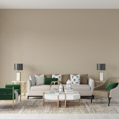living room interior with furniture, 3d render, empty wall