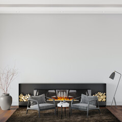 3d render, modern living room with fireplace