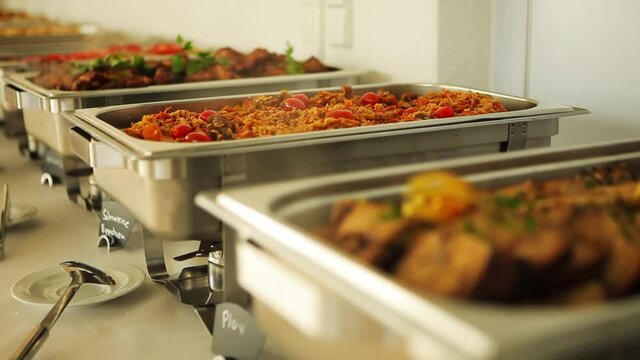 catering wedding buffet for events.Uzbek, Kazakh national dish - pilaf. Rice with meat and vegetables. Menu for the restaurant.