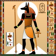 Religion of Ancient Egypt. 
Deity with a jackal head. Anubis is the God of the afterlife, the underworld, tombs... - obrazy, fototapety, plakaty