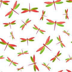 Dragonfly childish seamless pattern. Summer dress fabric print with damselfly insects. Garden water