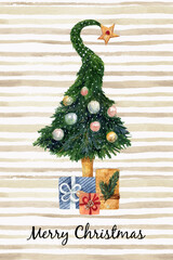 Watercolor christmas greeting card. Print with natural hand drawn New Year's elements: christmas tree and gifts on striped background - 401639428