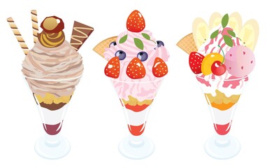 マロンやイチゴやフルーツのパフェのセットイラスト