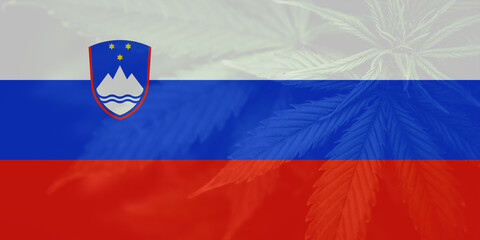 Medical cannabis in the Slovenia. leaf of cannabis marijuana on the flag of Slovenia. Weed...