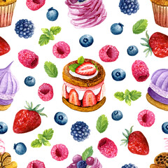 Seamless texture of watercolor desserts and berries. Bright print with food elements - 401641095