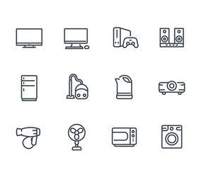 Appliances icons set, linear style, consumer electronics vector pictograms isolated on white