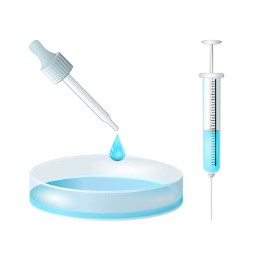 Pipette with drop serum. Syringe with vaccine.  petri dish