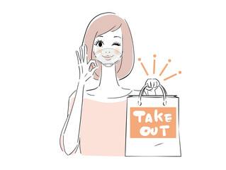 食事をテイクアウトしてきた女性　マウスシールド