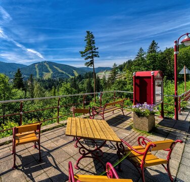 Terrace looking to Hirschenkogel Zauberberg Semmering