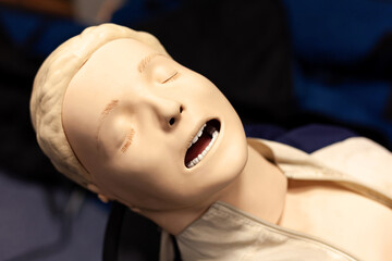CPR first aid resuscitation adult man life size training dummy model, doll face closeup, detail,...