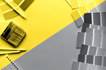 Color samples palette catalog with brush in two trendy colors of 2021 year illuminating and ultimate gray