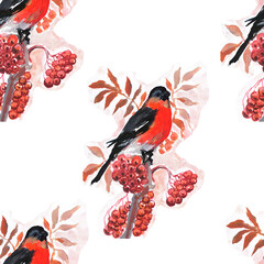 
Bird, bullfinch, winter, berry branch. Hand drawn watercolor illustration. Print, textiles. Vintage, retro. Patern seamless