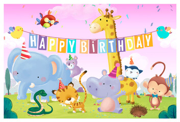 Naklejka premium Birthday greetings in the field with animals