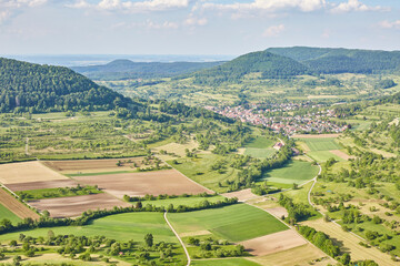 Naklejka premium Schwäbische Alb (Swabian Alb) near Stuttgart – Germany, Beautiful View, Hilly, Landscape, green, village, horizon, cloudscape