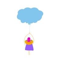 Disegno per bambini cartolina compleanno. Una bambina vola con palloncino nel cielo. Nuvole. Libertà. Sognare. Felicità.