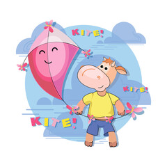 Obraz na płótnie Canvas Pink kite. Calf flying kite. Flat kite icon. Red kite in the sky. Makar Sankranti festival.