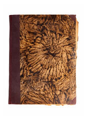 Old antique closed notebook, dated worn empty book cover design, object isolated on white, cut out, top view. Simple front side of a fancy yellowed diary, journal hardcover blank book front from above