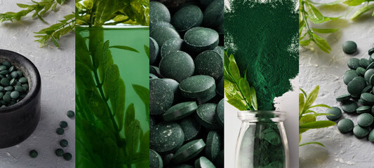 Collage of photos of spirulina and Chlorella in the form of powder, algae and tablets. Scientists are developing research on algae. Bio-energy, biofuel, energy research. Horizontal orientation
