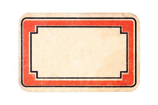 Small empty label, old retro style worn blank sticker, dated elegant wide rectangular paper adhesive tag, red border frame, isolated on white, cut out Vintage text box surface, copy space inside, sign