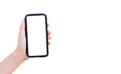 Close-up of male hand holding smartphone with mockup isolated on white background with copy space.
