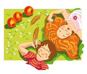 Naklejka premium a girl and a boy lie in a clearing on a summer day