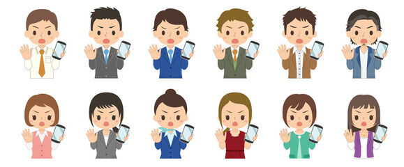 NOサインでスマホを持つ女性と男性　セット　イラスト