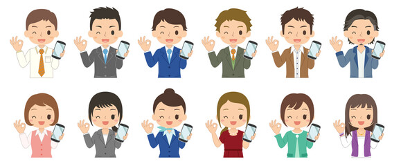 OKサインでスマホを持つ女性と男性　セット　イラスト