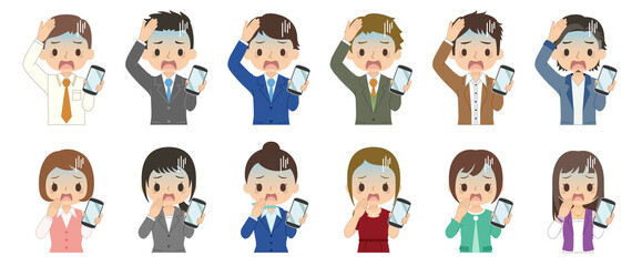焦った青い顔でスマホを持つ女性と男性　セット　イラスト