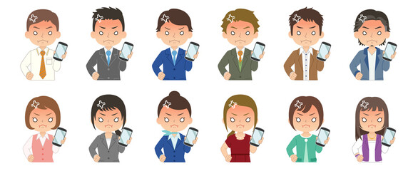 怒った赤い顔でスマホを持つ女性と男性　セット　イラスト