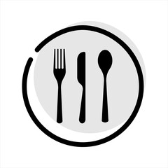 Plate, fork and knife icon in flat style. Food symbol isolated on white background. Bar, cafe, hotel concept