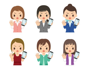 NOサインでスマホを持つ女性　セット　イラスト
