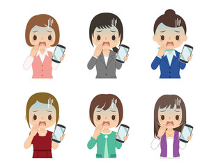 焦った青い顔でスマホを持つ女性　セット　イラスト