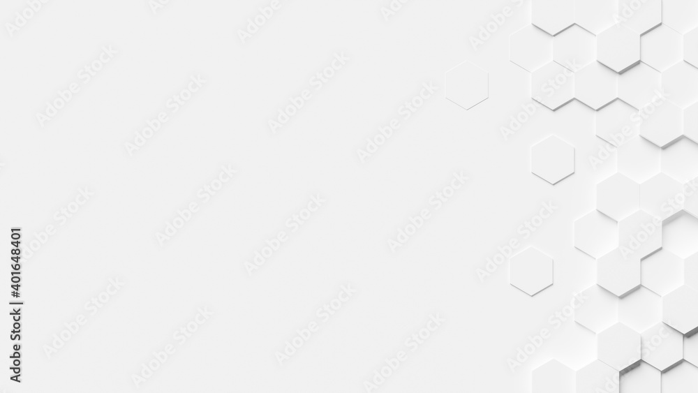 Fototapete Abstract geometric background. White surface with hexagonal shapes showing on the right side. 3d rendering