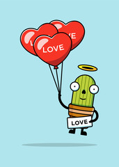 Cute cactus floating with love balloons
