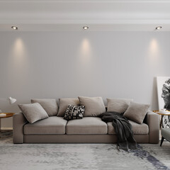 modern living room with sofa and pillows in front of the white wall, 3d render