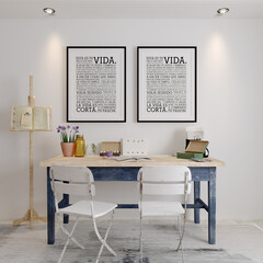 room with wooden table, chairs with vertical frames, 3d render