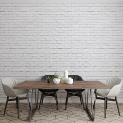 table and chairs in a room, 3d render