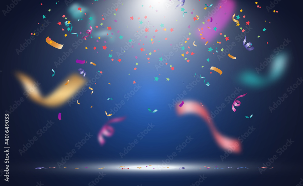 Poster Lots of colorful tiny confetti and ribbons on transparent background. Festive event and party. Multicolor background.Colorful bright confetti isolated on transparent background