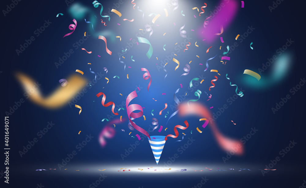 Poster Lots of colorful tiny confetti and ribbons on transparent background. Festive event and party. Multicolor background.Colorful bright confetti isolated on transparent background