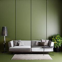 modern living room with sofa in front of the green wall