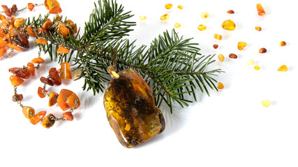 Glittering green and yellow Baltic amber pendant and orange amber necklace with fresh fir branch on...