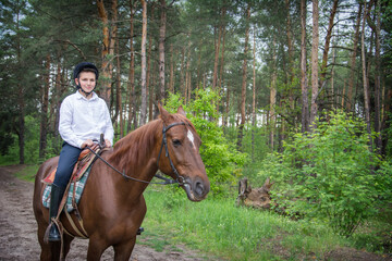 On a sunny summer day in the forest, a boy riding a horse.