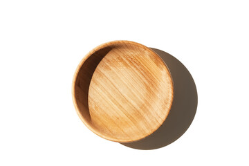 Empty wooden textured cup bowl isolated on white background top view.