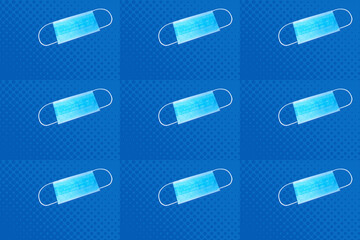 lot of disposable medical masks, pop art style, seamless pattern, concept of individual protection against virus, COVID-19, coronavirus, treatment and vaccination